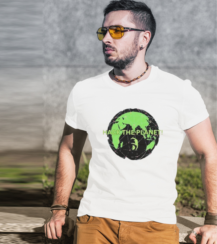 Hack The Planet Green And Black Globe Motif T-Shirt
