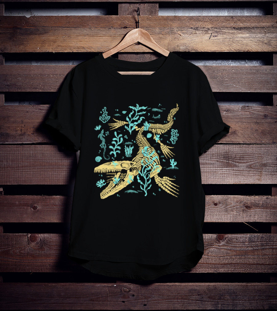 Mosasaurus Fossils Fitas Underwater Skeleton And Seaweed Scene T-Shirt