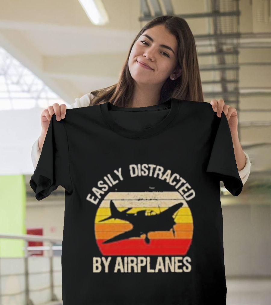 Easily Distracted By Airplanes Vintage Sunset T-Shirt