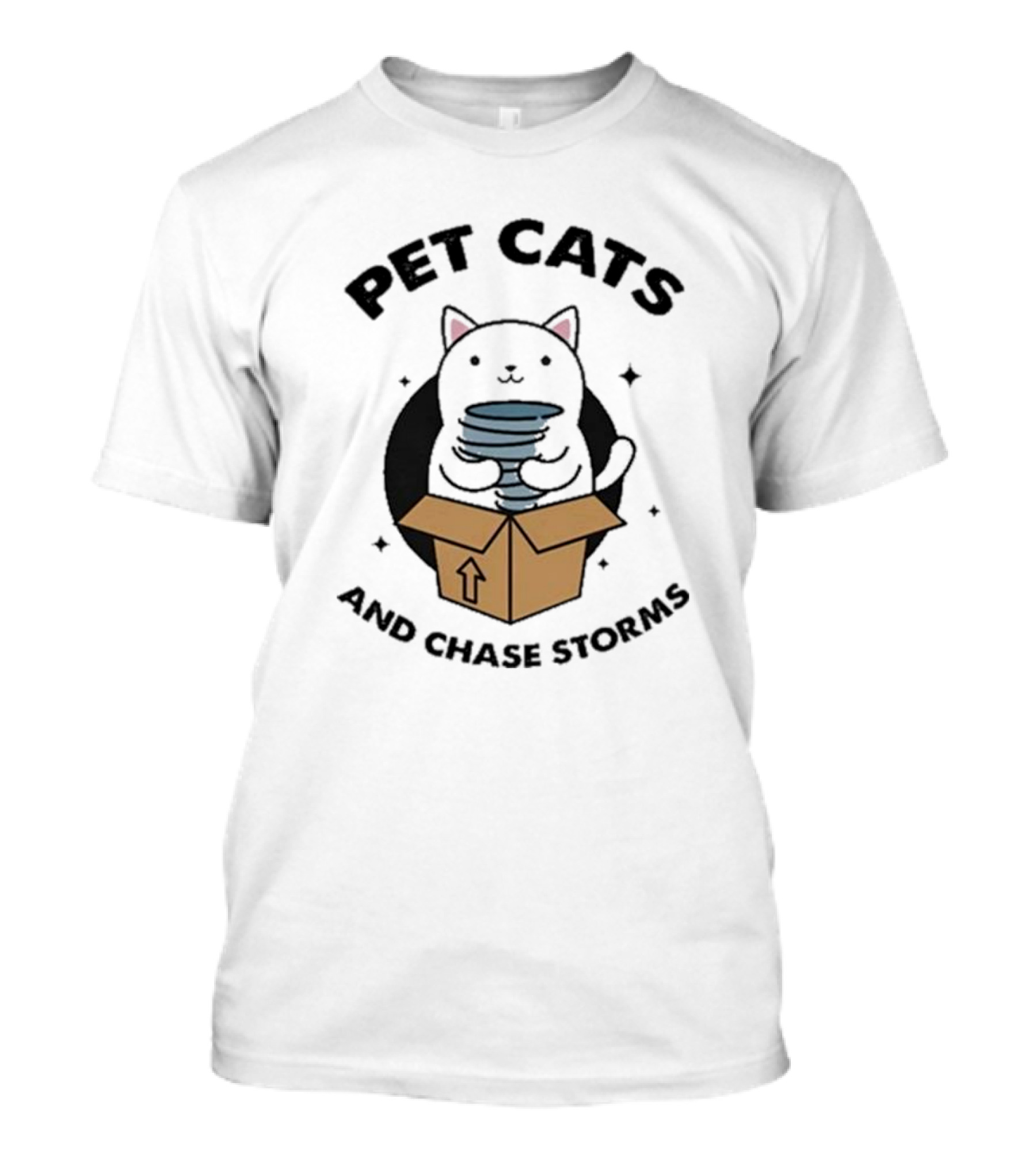 Helicity Pet Cats And Chase Storms Black Cat In Box Holding Tornado T-Shirt