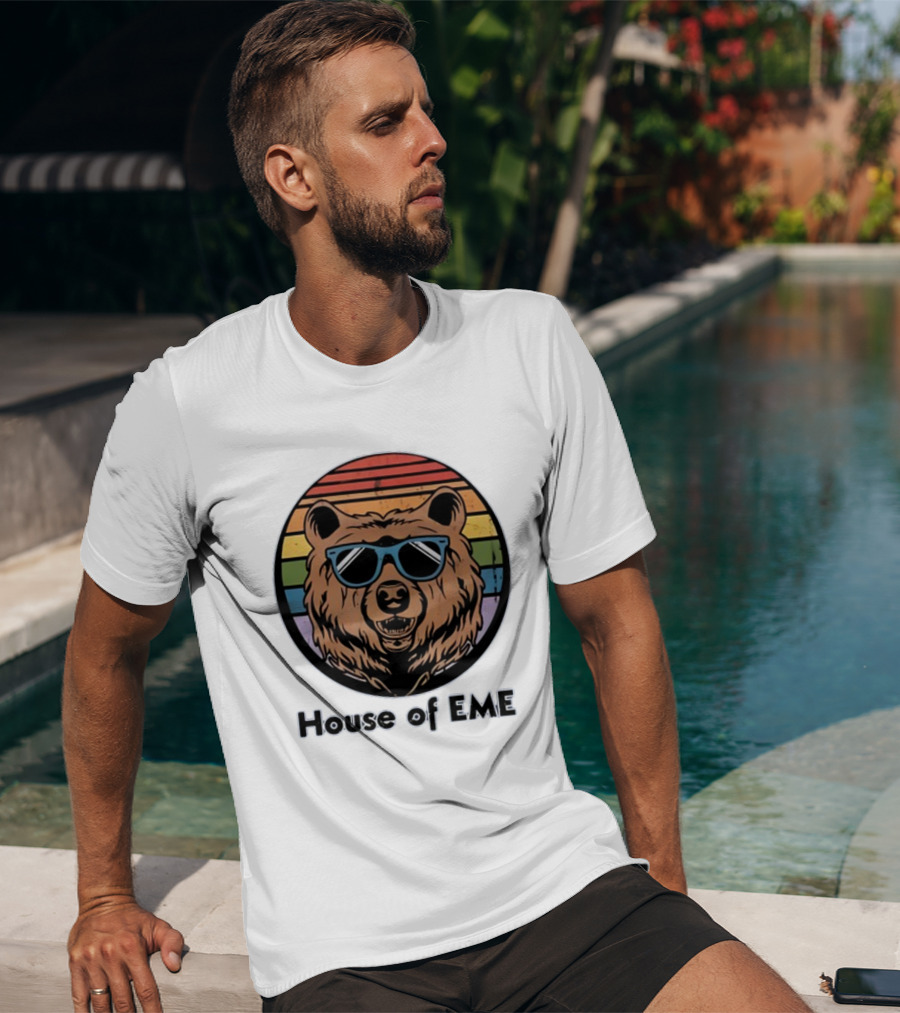 Migs Santillan House Of EME Bear Logo Sunglasses Rainbow Background T-Shirt