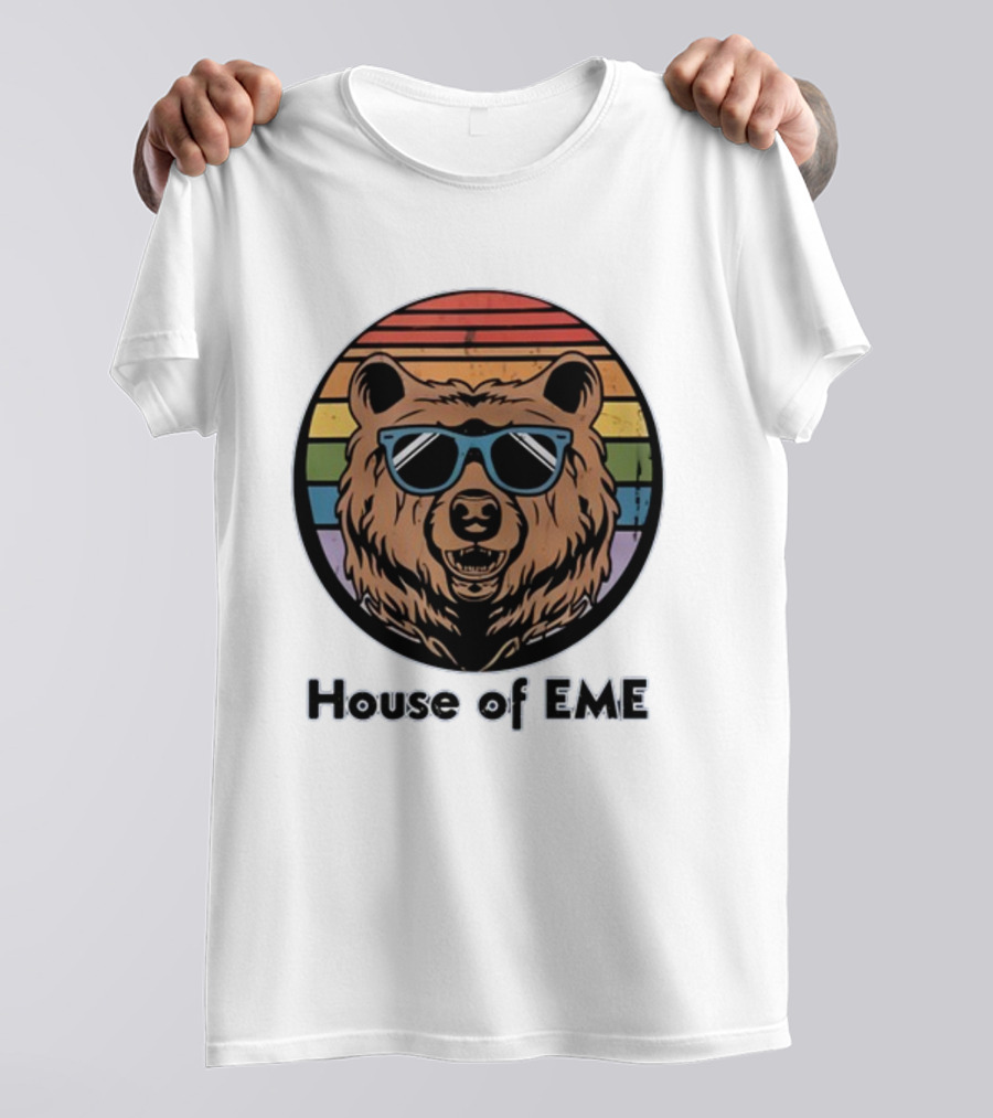 Migs Santillan House Of EME Bear Logo Sunglasses Rainbow Background T-Shirt