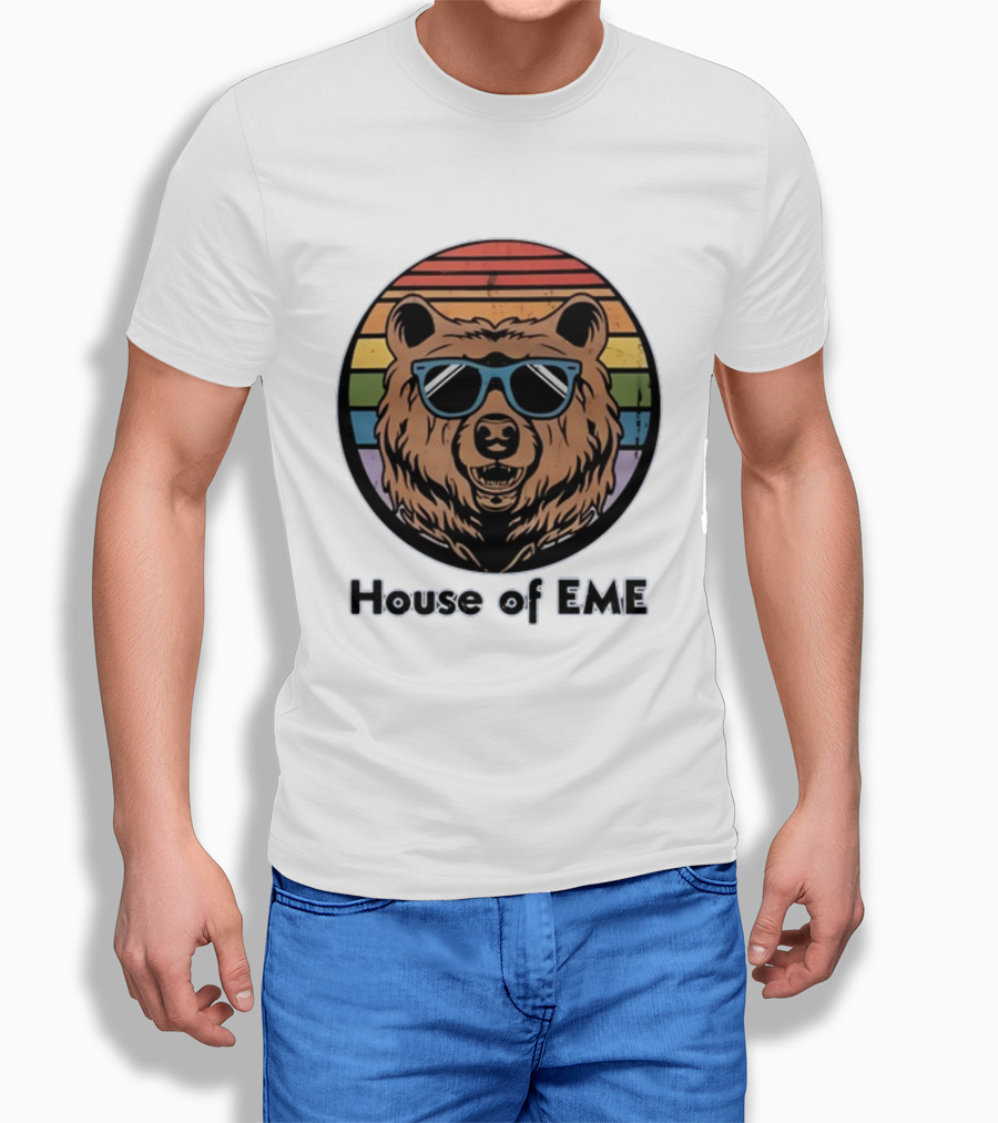 Migs Santillan House Of EME Bear Logo Sunglasses Rainbow Background T-Shirt