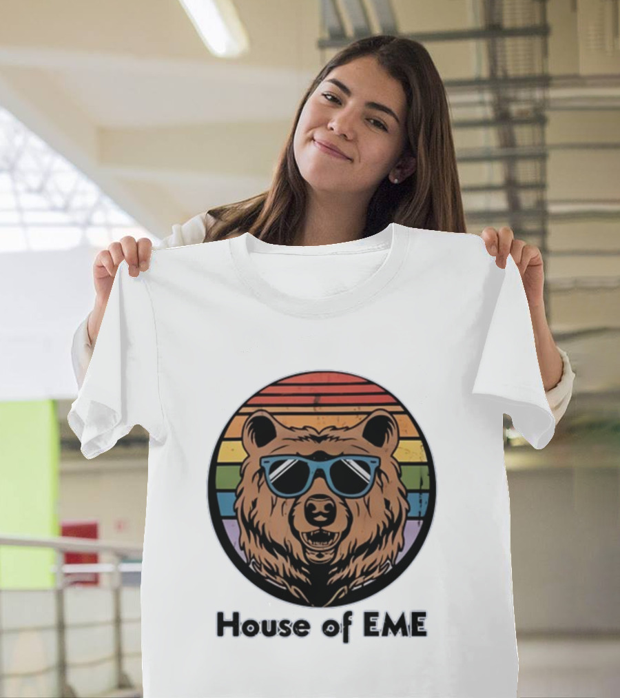 Migs Santillan House Of EME Bear Logo Sunglasses Rainbow Background T-Shirt