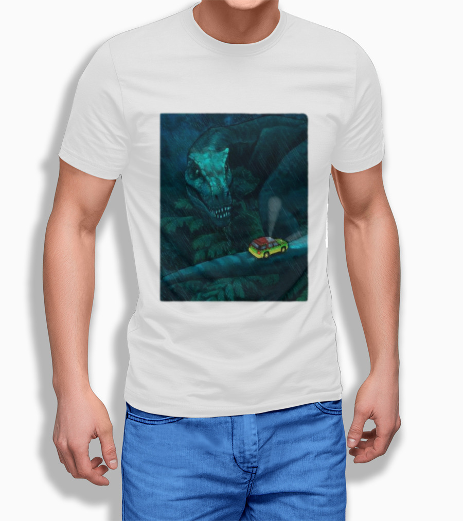 Jurassic Park T-Rex And SUV Night Scene Rainy Adventure T-Shirt