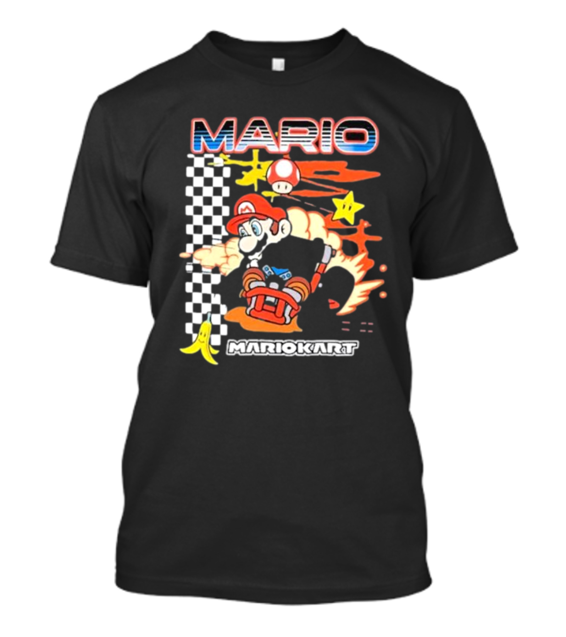 Mario Kart Racing Finish Line Checkered Flag Banana Stars T-Shirt