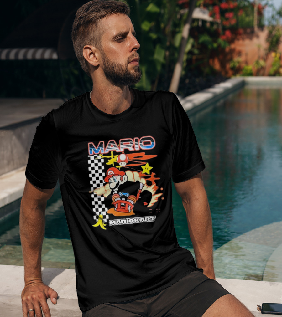 Mario Kart Racing Finish Line Checkered Flag Banana Stars T-Shirt
