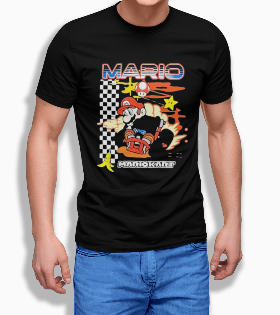 Mario Kart Racing Finish Line Checkered Flag Banana Stars T-Shirt