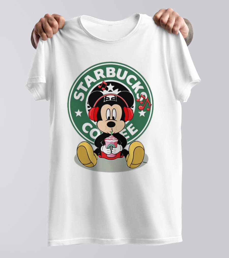 Mickey Mouse Listening To Music With Starbucks Coffee Cup T-Shirt