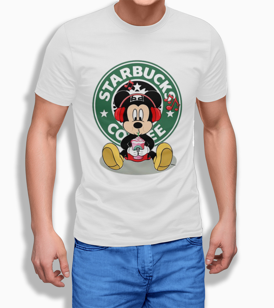 Mickey Mouse Listening To Music With Starbucks Coffee Cup T-Shirt