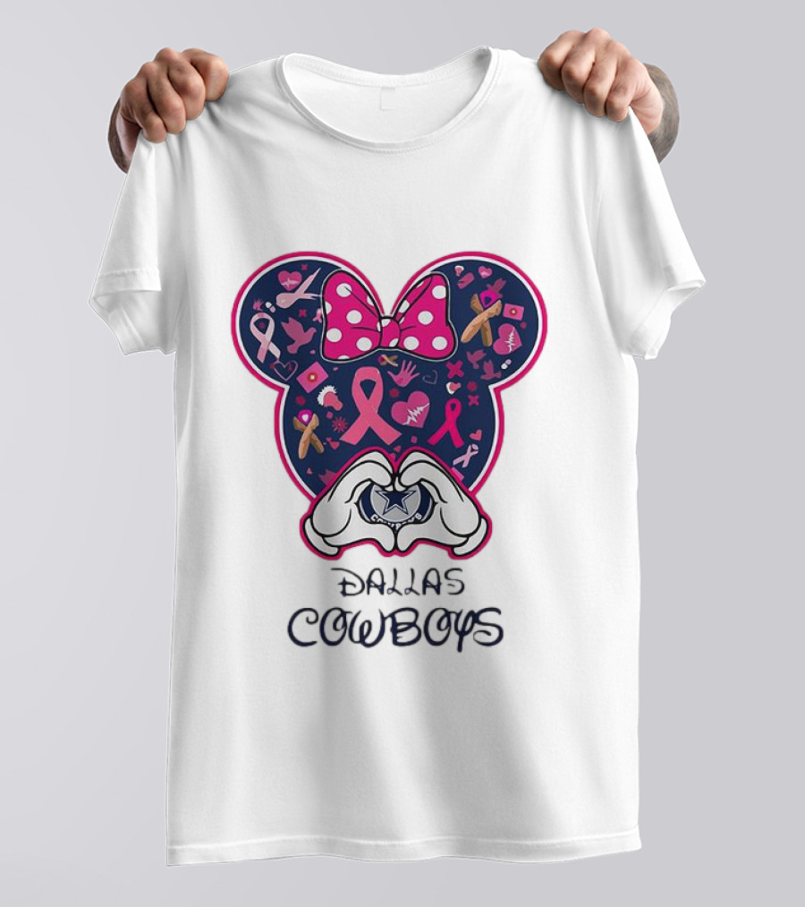 Minnie Mouse Pink Ribbon Heart Hands Dallas Cowboys Breast Cancer Awareness T-Shirt