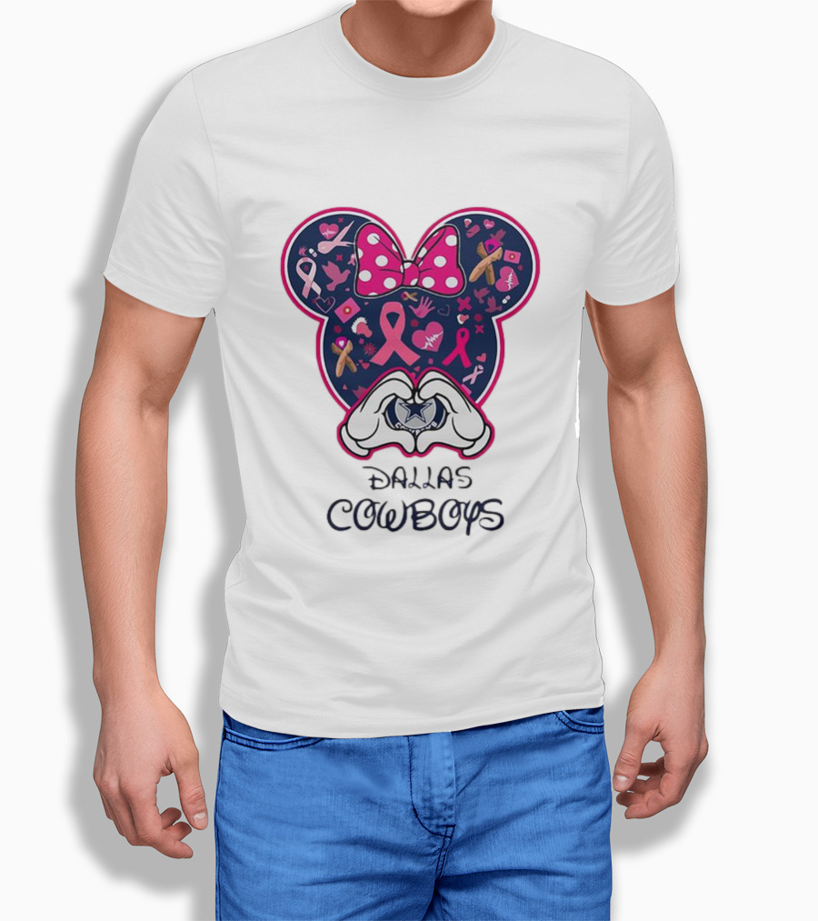 Minnie Mouse Pink Ribbon Heart Hands Dallas Cowboys Breast Cancer Awareness T-Shirt
