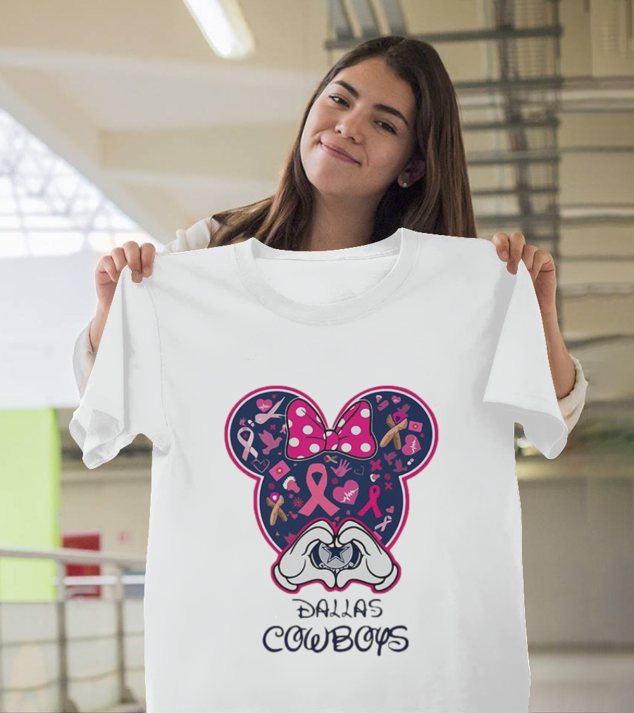 Minnie Mouse Pink Ribbon Heart Hands Dallas Cowboys Breast Cancer Awareness T-Shirt