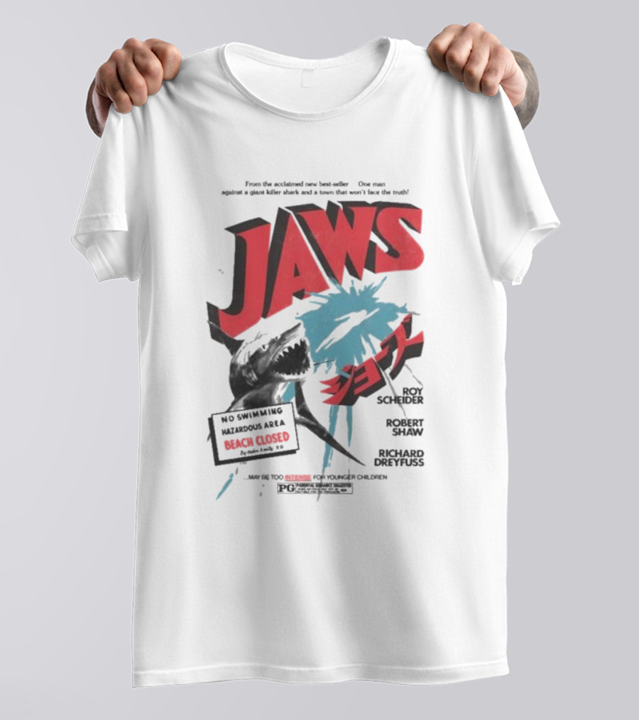 Jaws One Man Against A Giant Killer Shark Beach Closed Hazardous Area Roy Scheider Robert Shaw Richard Dreyfuss T-Shirt