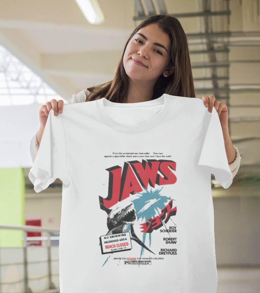 Jaws One Man Against A Giant Killer Shark Beach Closed Hazardous Area Roy Scheider Robert Shaw Richard Dreyfuss T-Shirt