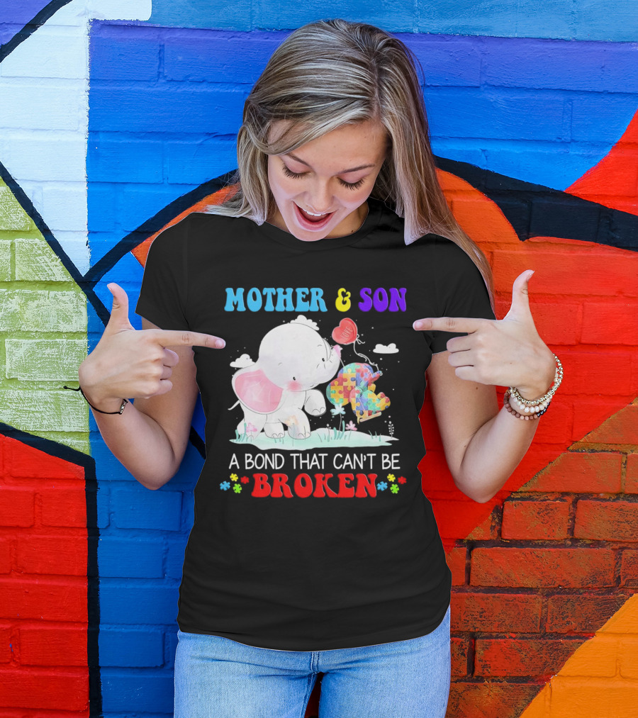 Mother And Son Elephants Autism Puzzle Heart A Bond That Can't Be Broken T-Shirt