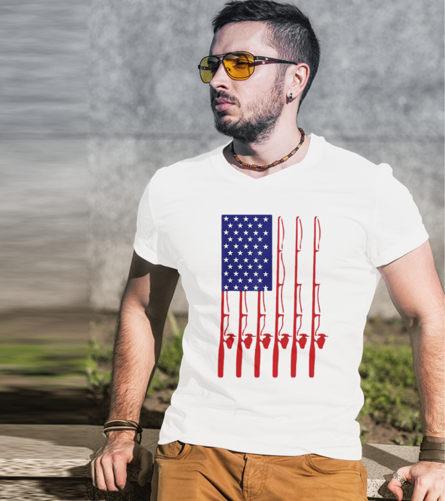 Fathers Day Fishing American Flag T-Shirt