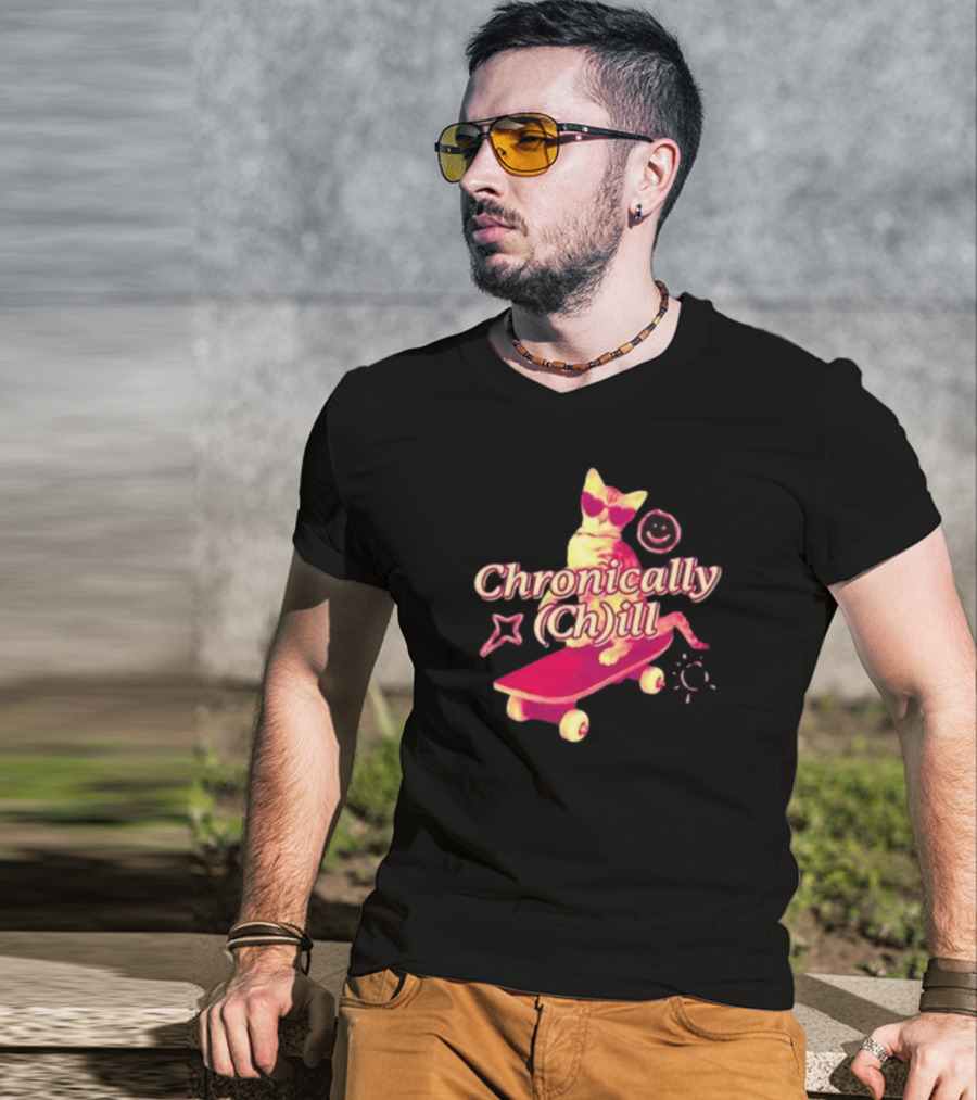 Chronically Ch Ill Cat On Skateboard With Stars And Smiley T-Shirt