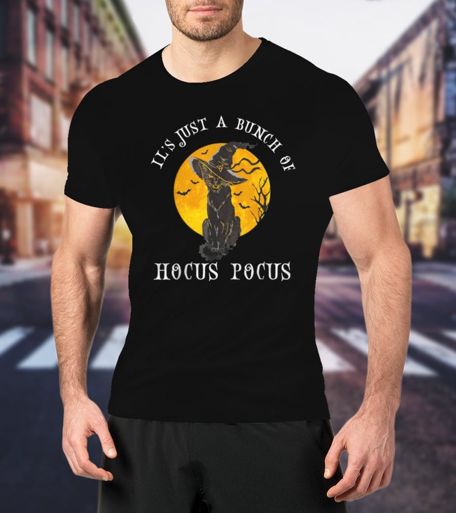 It's Just A Bunch Of Hocus Pocus Halloween Black Cat And Witch Hat With Full Moon T-Shirt