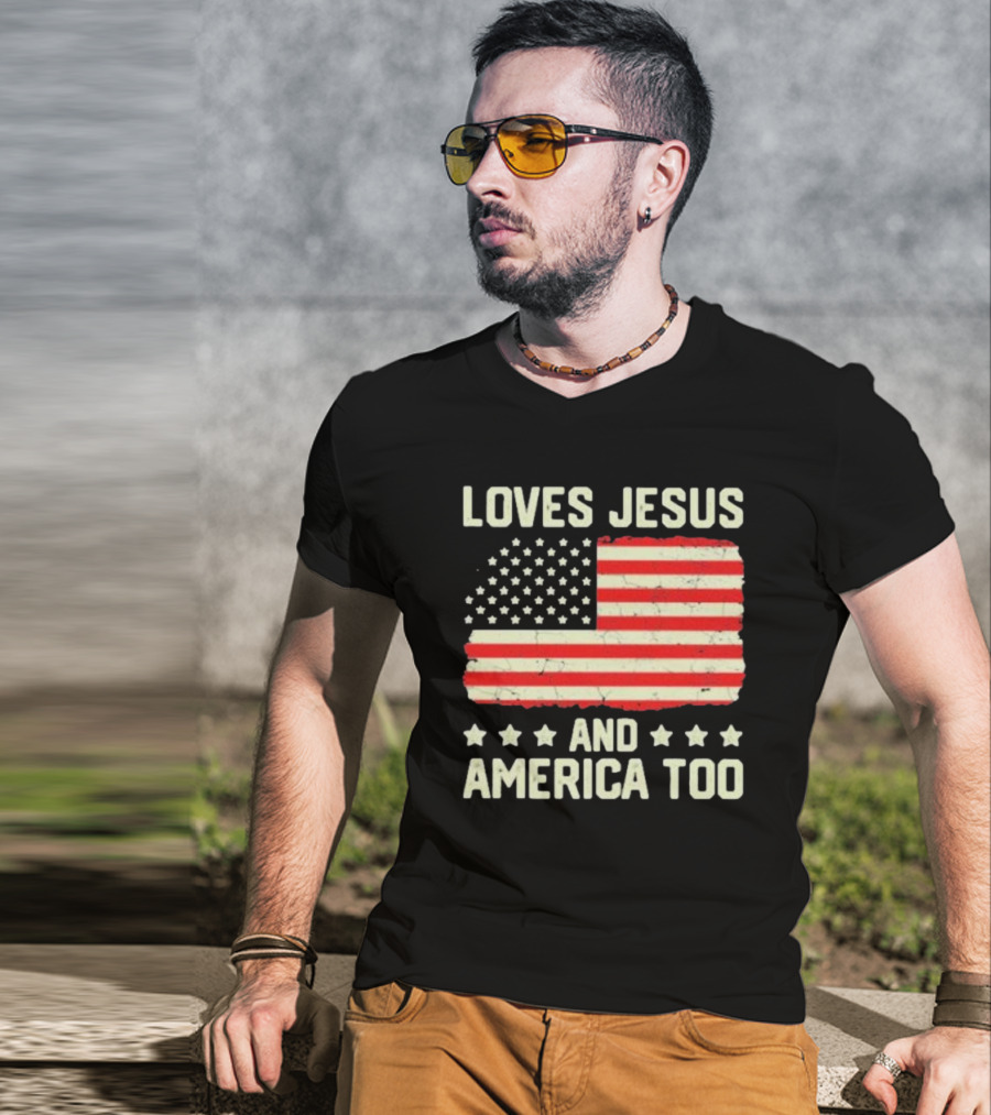 Loves Jesus And America Too Vintage Independence Day Flag T-Shirt