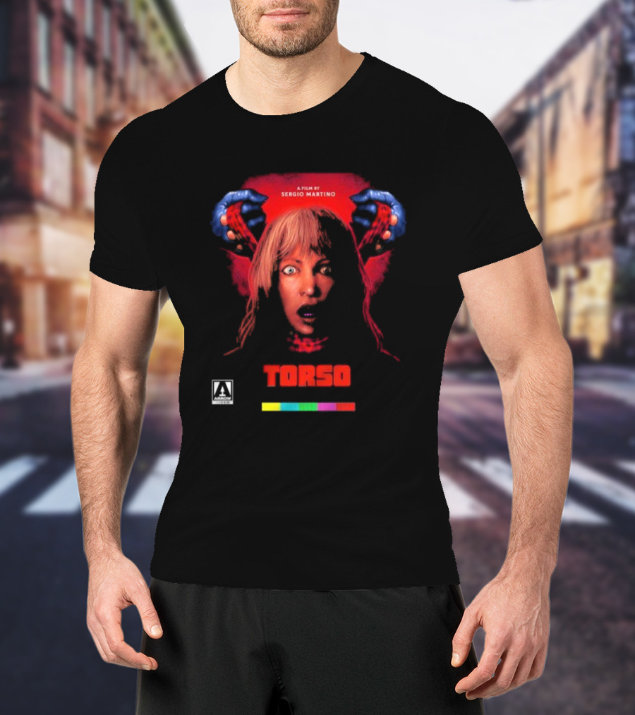 A Film By Sergio Martino Torso Horror Classic With Frightened Woman And Hands In Red And Blue T-Shirt