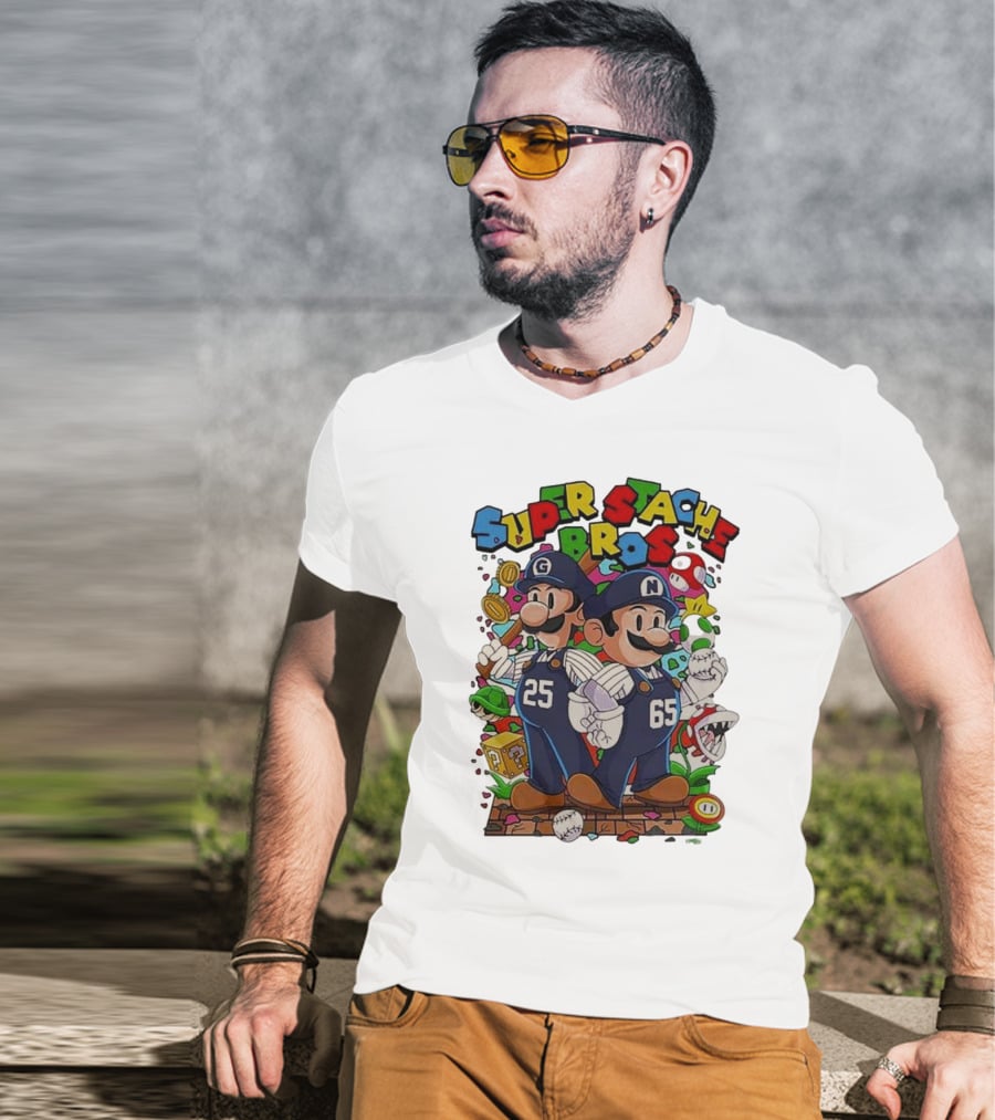 Super Stache Bros Numbers 25 And 65 Baseball Mario T-Shirt