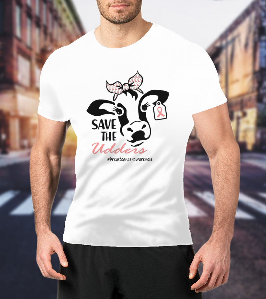 Cow Save The Udders Breast Cancer Awareness Ribbon Bow #breastcancerawareness T-Shirt