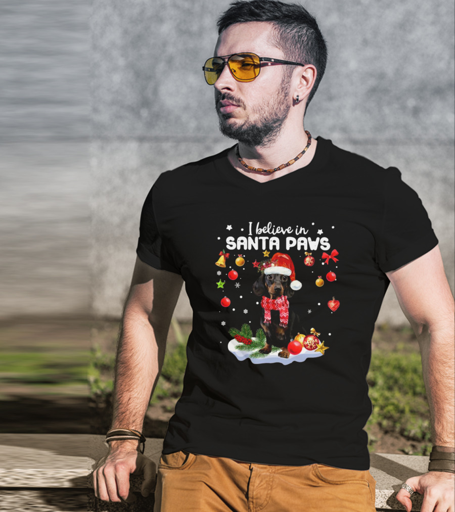 I Believe In Santa Paws Dachshund Merry Christmas T-Shirt