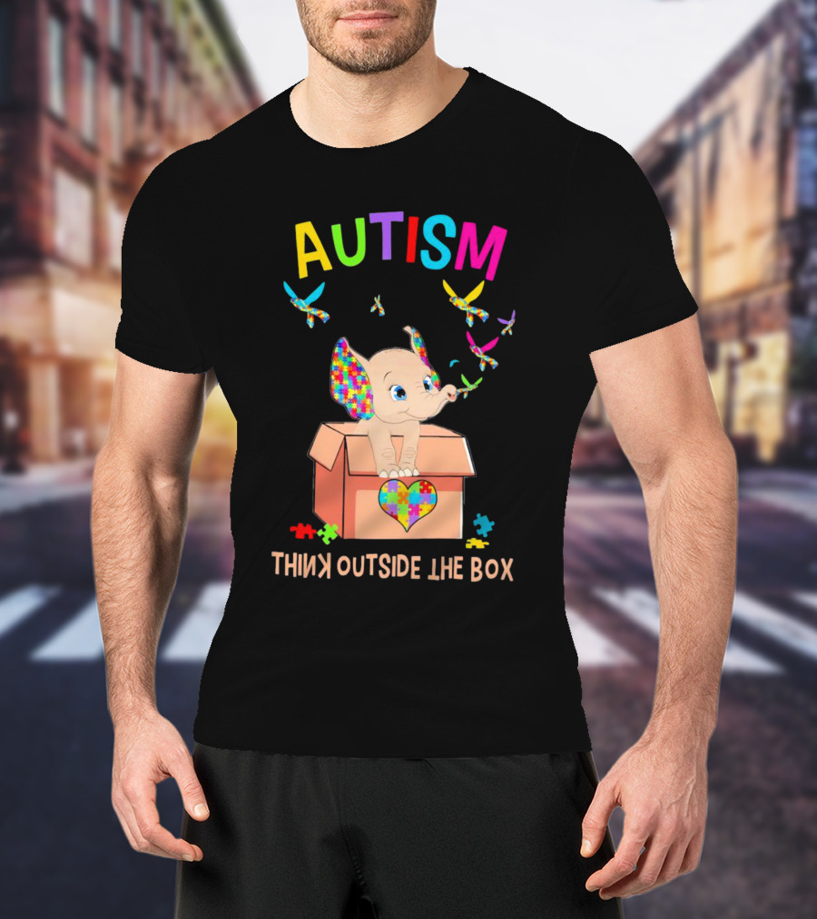 AUTISM Think Outside The Box Elephant With Puzzle Pieces And Butterflies T-Shirt