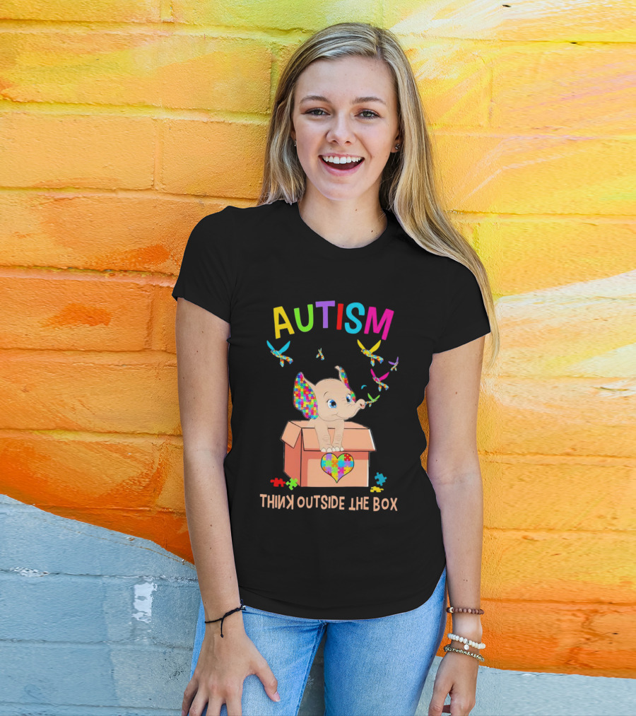 AUTISM Think Outside The Box Elephant With Puzzle Pieces And Butterflies T-Shirt