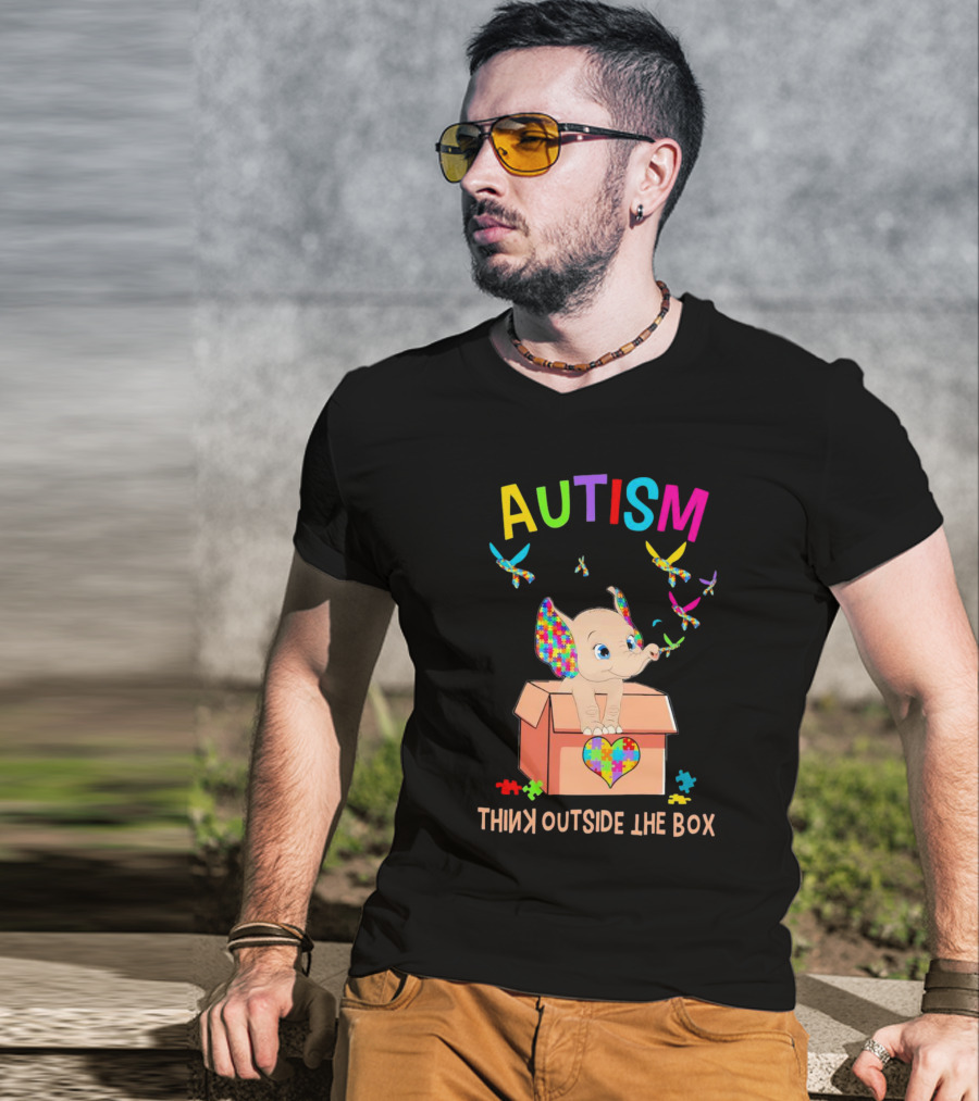 AUTISM Think Outside The Box Elephant With Puzzle Pieces And Butterflies T-Shirt