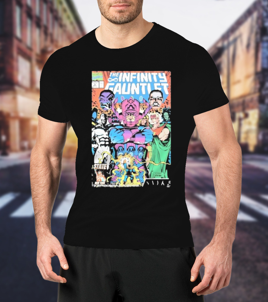 The Infinity Gauntlet Marvel Comics Cover Featuring Iconic Characters Galactus And Artistry T-Shirt