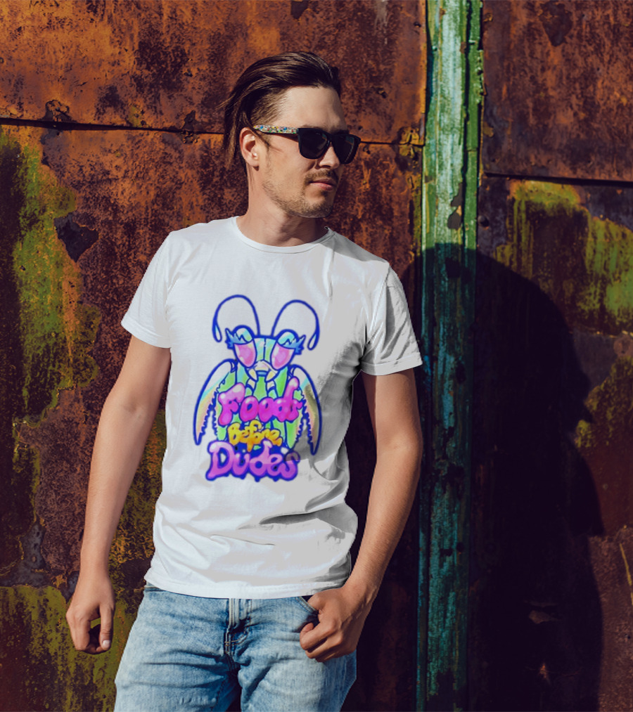 Mantis Neon Foods Before Dudes Colorful Insect Motif T-Shirt