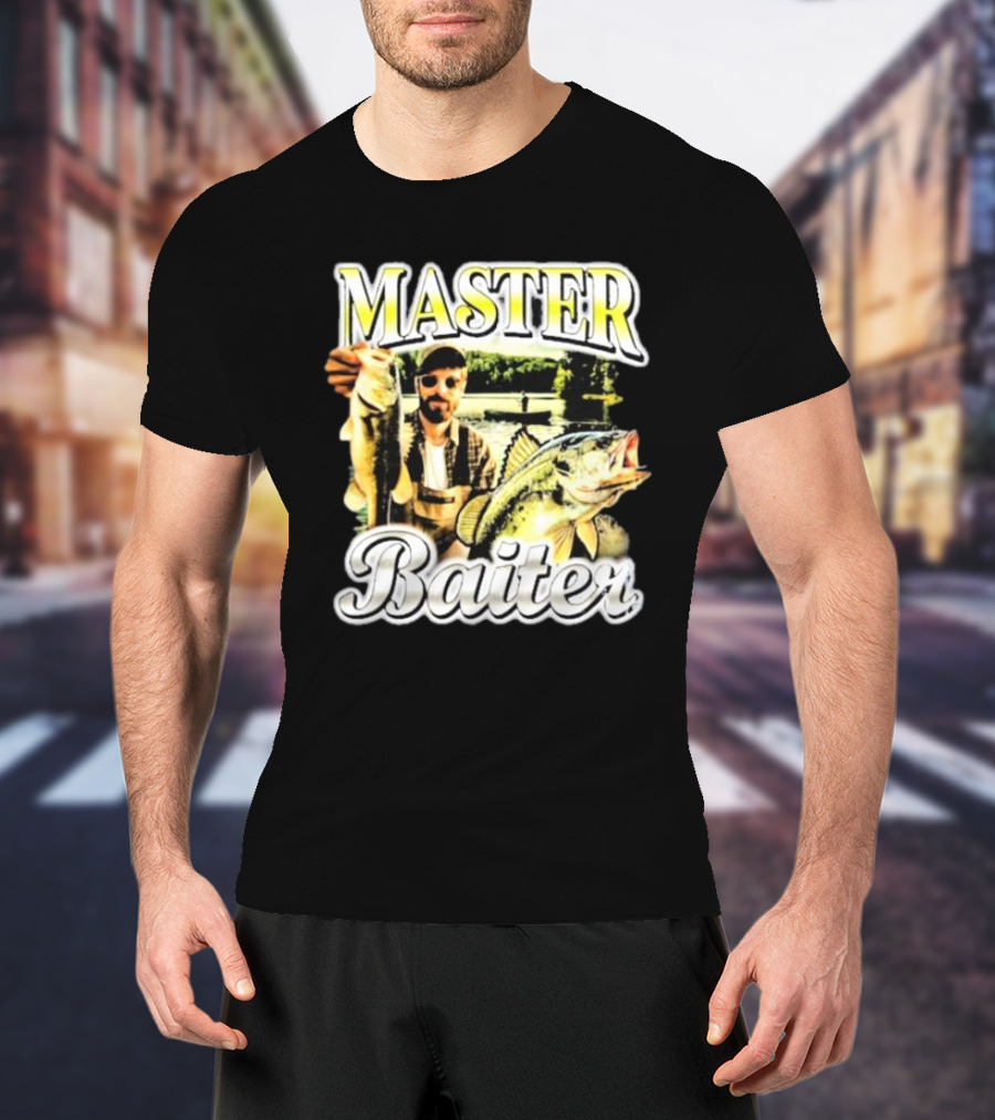 MASTER BAITER Fisherman Holding Fish In Lake Scene T-Shirt