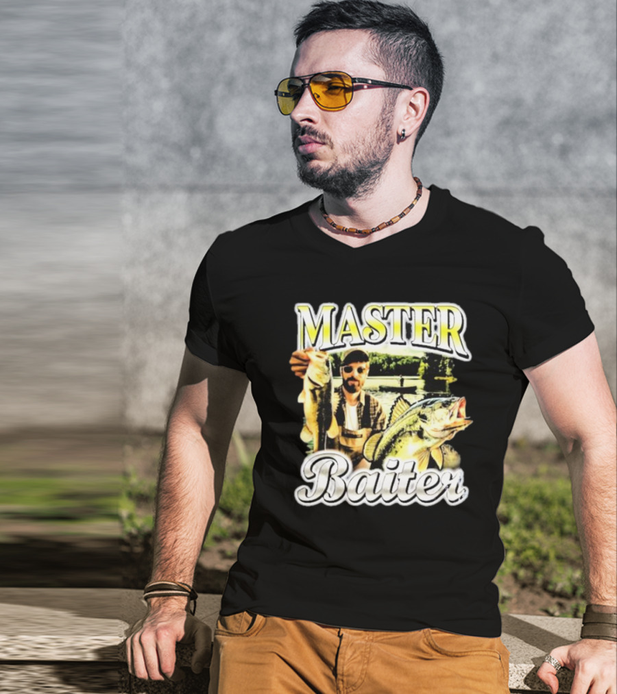 MASTER BAITER Fisherman Holding Fish In Lake Scene T-Shirt