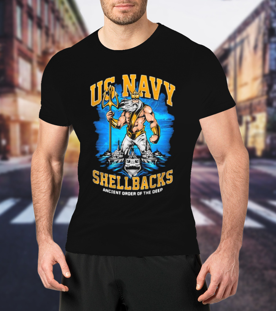 US Navy Shellbacks Poseidon Ancient Order Of The Deep With Battleship T-Shirt