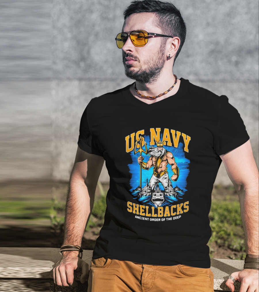 US Navy Shellbacks Poseidon Ancient Order Of The Deep With Battleship T-Shirt