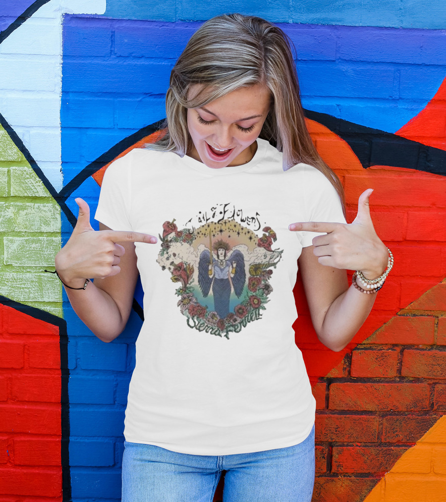 Sierra Ferrell Trail Of Flowers Angelic Winged Figure Surrounded By Floral Frame T-Shirt
