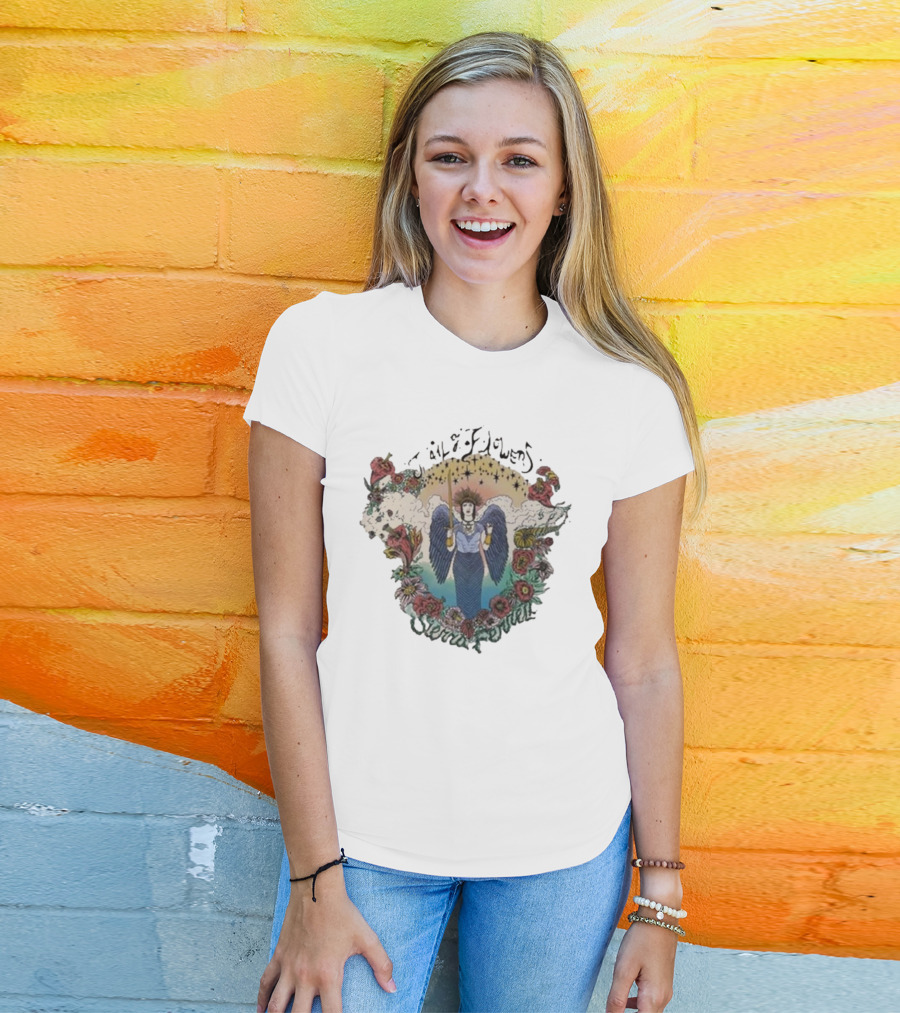 Sierra Ferrell Trail Of Flowers Angelic Winged Figure Surrounded By Floral Frame T-Shirt