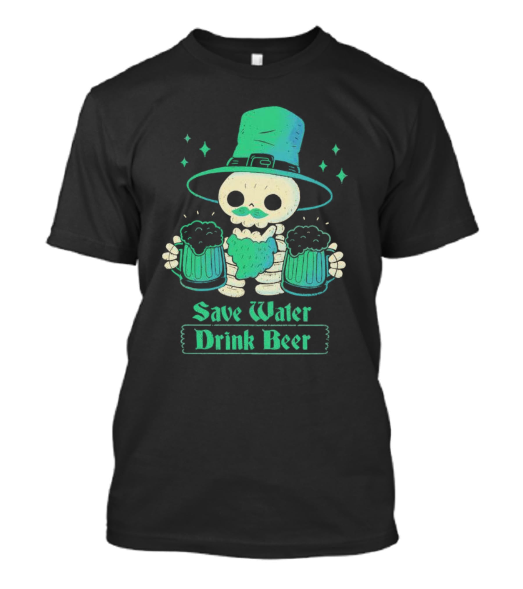 Save Water Drink Beer Happy Patrick Day Skeleton Leprechaun With Mugs T-Shirt