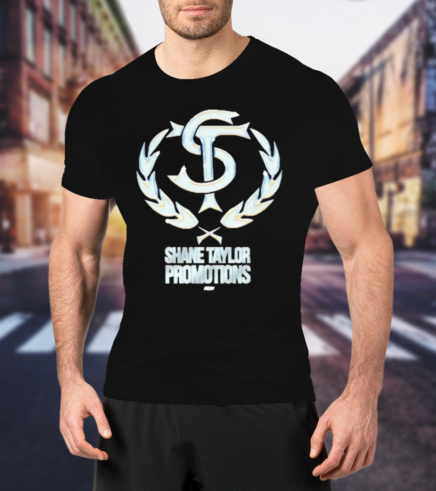 Shane Taylor Promotions ST Logo With Wreath Symbol Above AEW Text T-Shirt