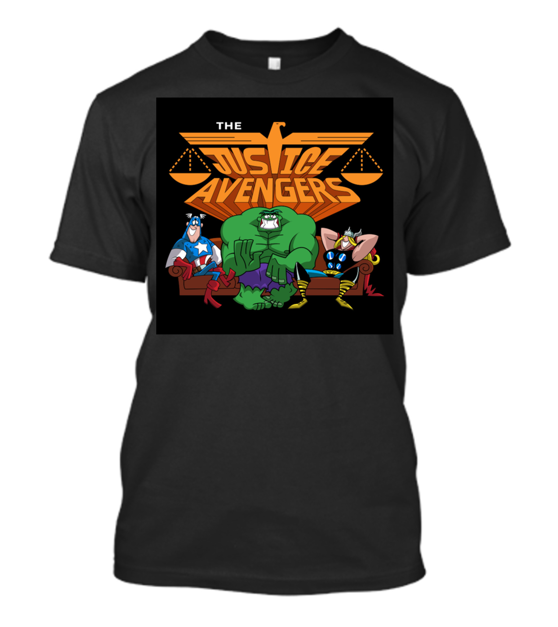 The Justice Avengers Hero Parody Featuring Scales Of Justice And Warrior Figures T-Shirt