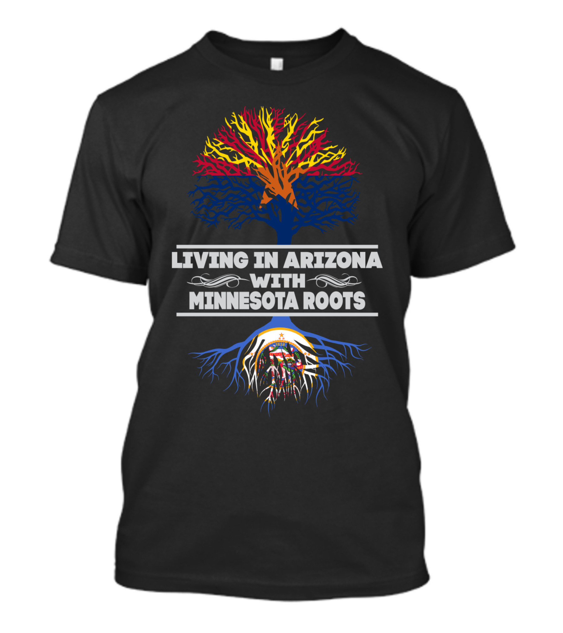 Living In Arizona With Minnesota Roots Tree Design With Dual State Colors T-Shirt