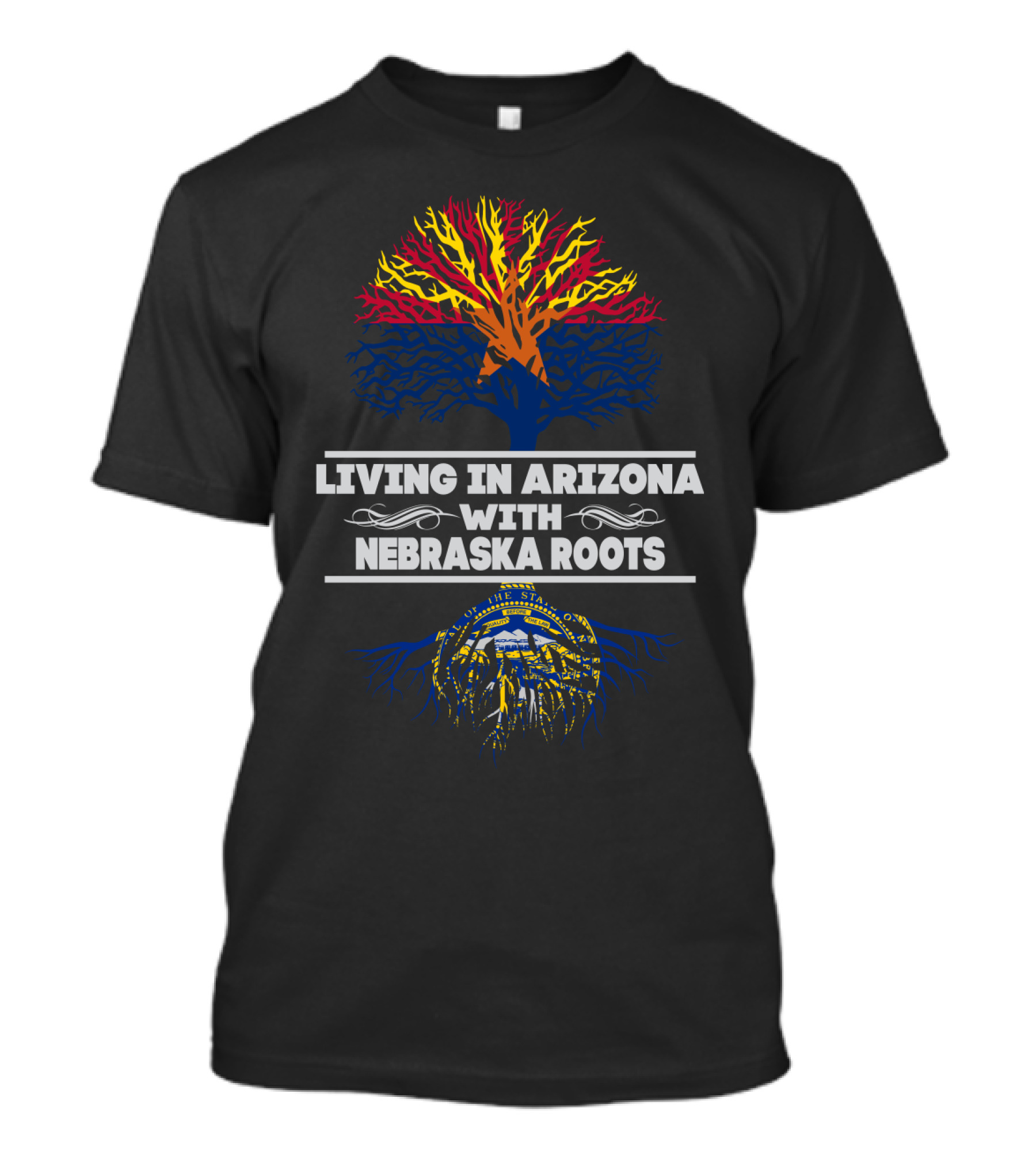 Living In Arizona With Nebraska Roots Arizona Sunset Tree And Nebraska State Seal T-Shirt
