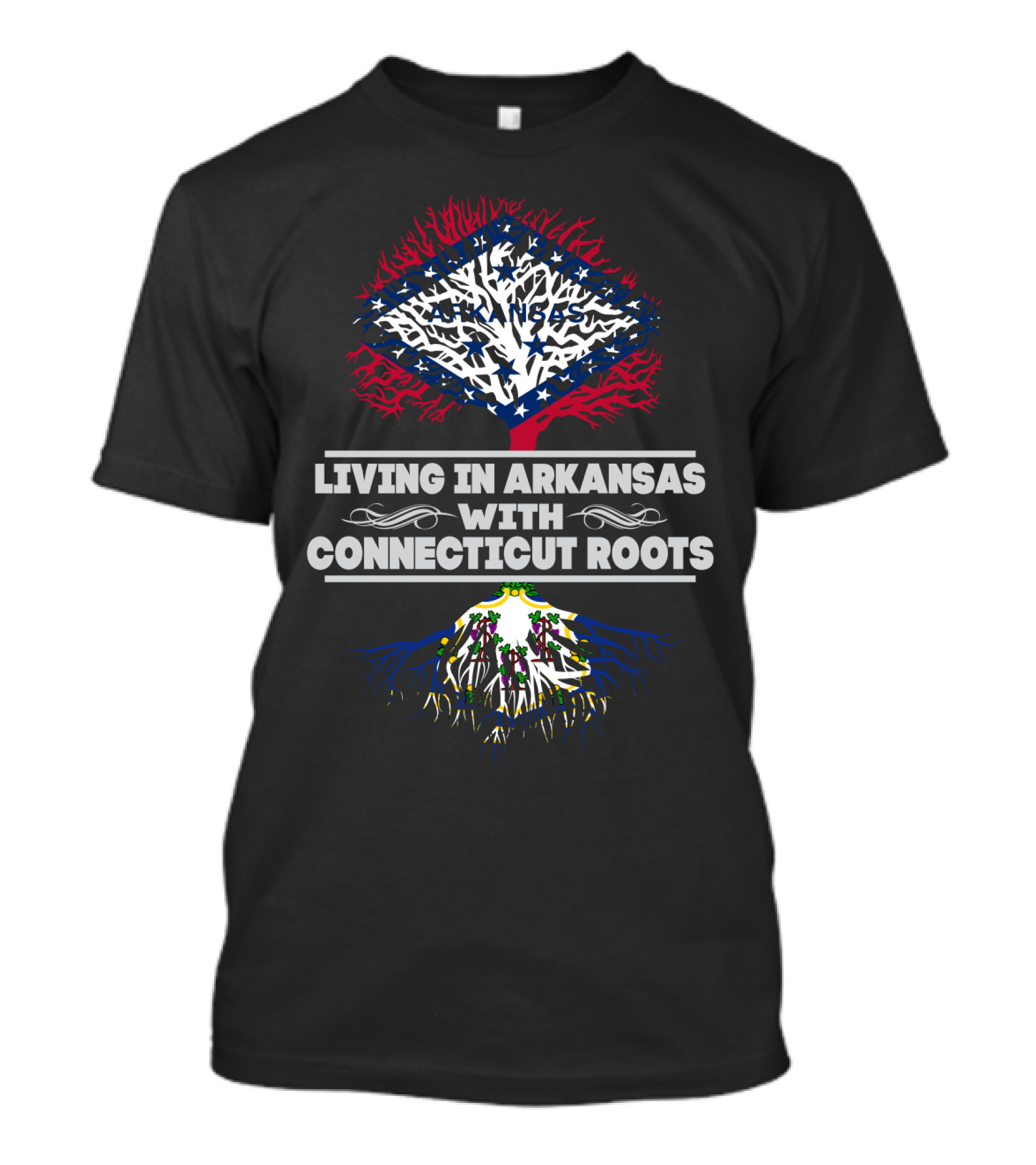 Arkansas Living With Connecticut Roots Tree Design Featuring State Flag Colors And Symbols T-Shirt