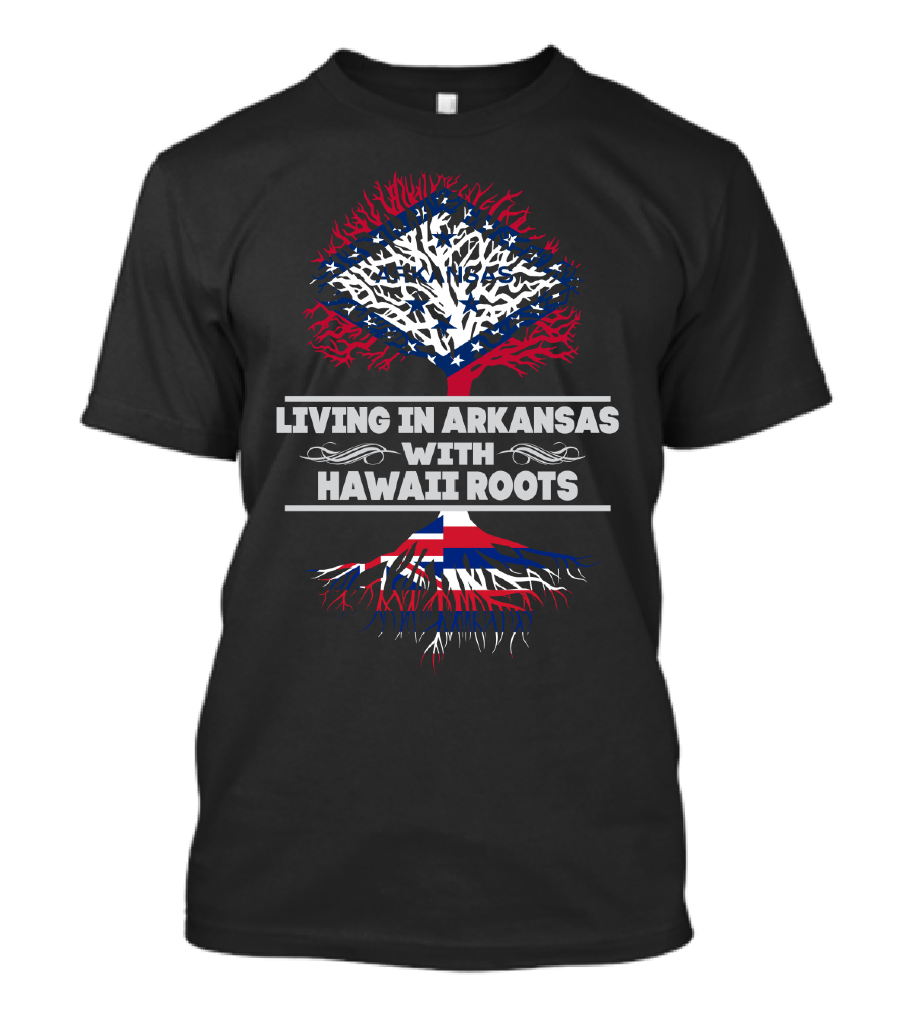 Living In Arkansas With Hawaii Roots Tree Graphic Featuring Arkansas And Hawaiian Flags T-Shirt