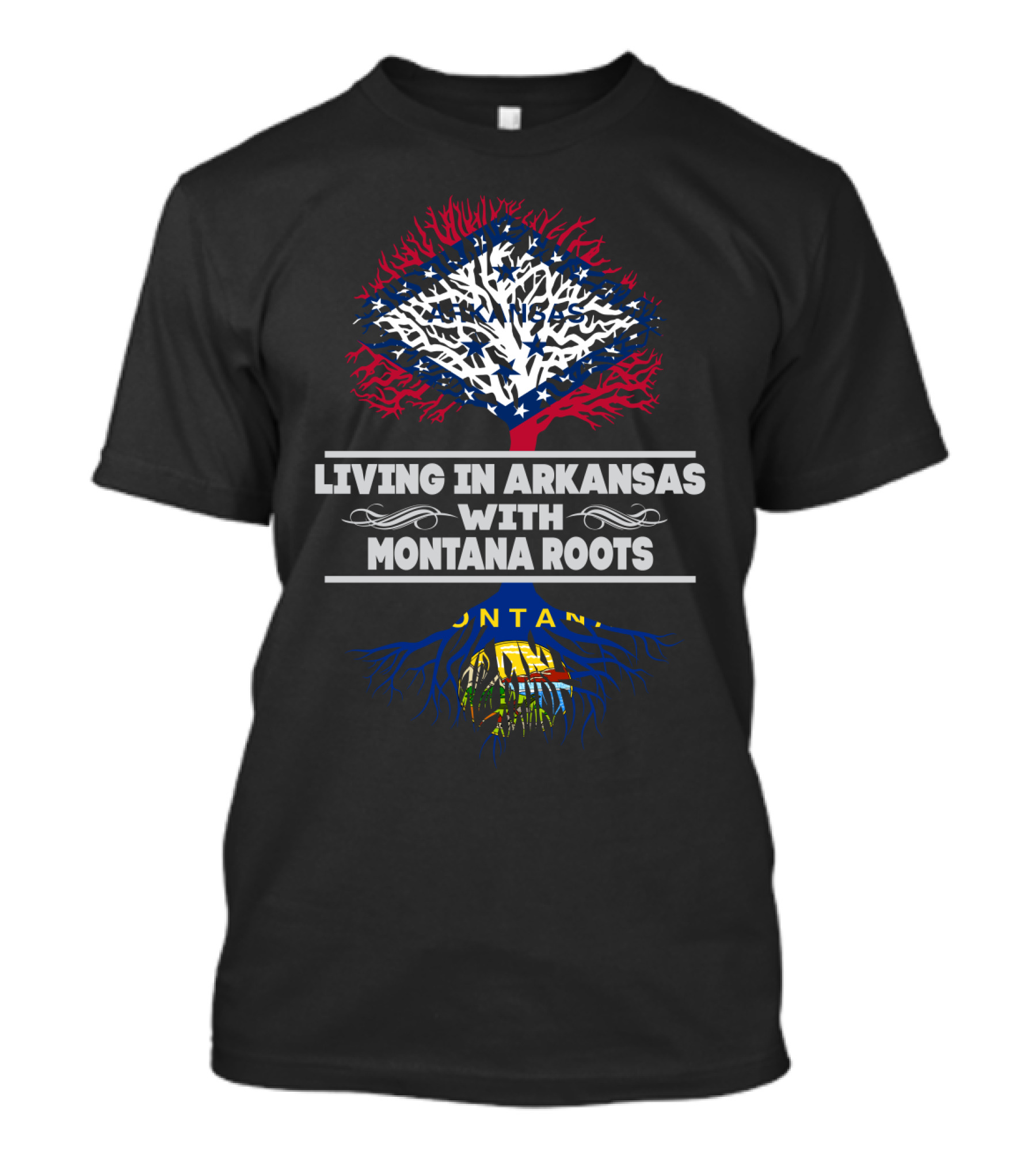 Living In Arkansas With Montana Roots State Flag Tree T-Shirt