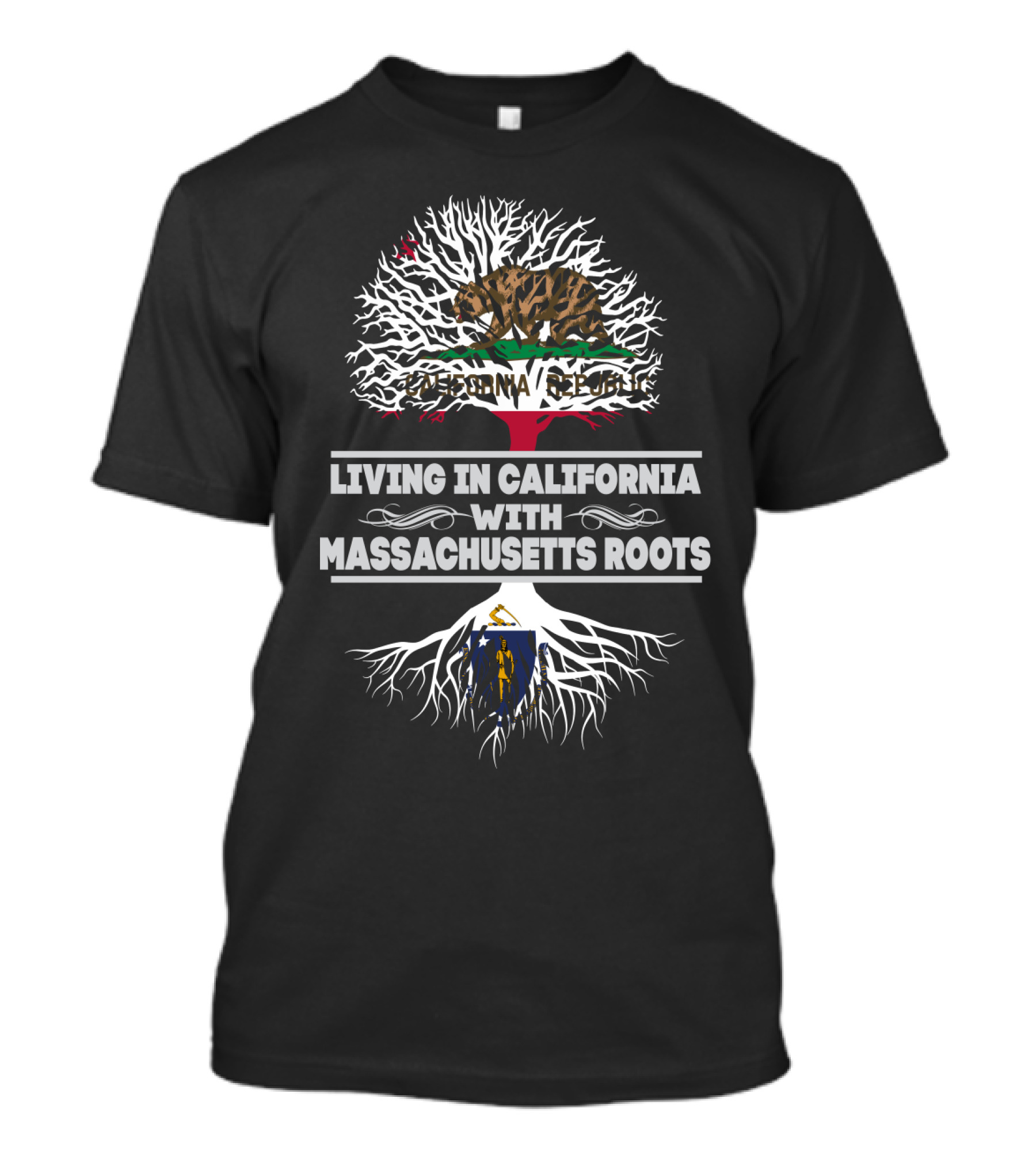 California Republic Bear And Tree Design With Massachusetts Roots T-Shirt
