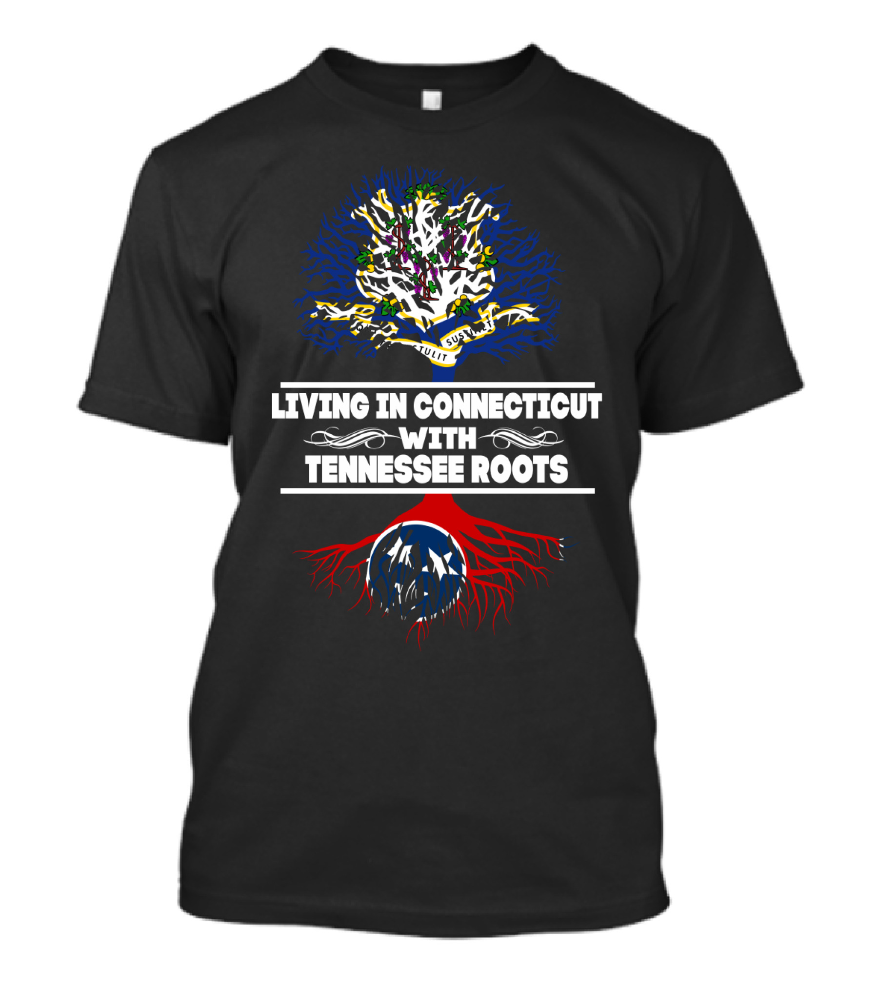 Connecticut Living Embracing Tennessee Roots With Tree And Colorful State Flags T-Shirt