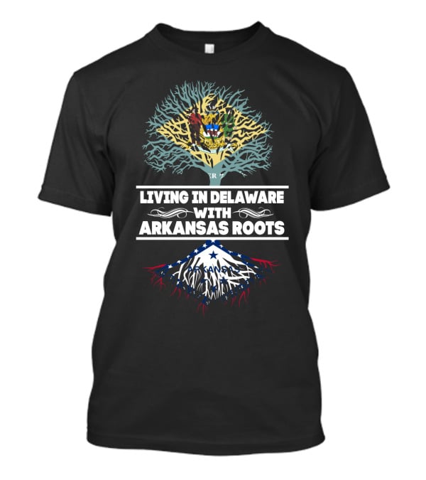 Living In Delaware With Arkansas Roots Tree Design Featuring Intertwined State Flags T-Shirt
